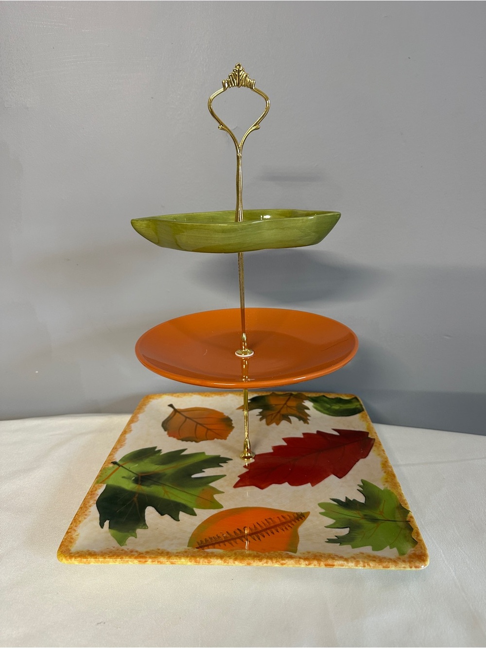 Three-Tier Fall Leaf Serving Stand with Green and Orange Plates